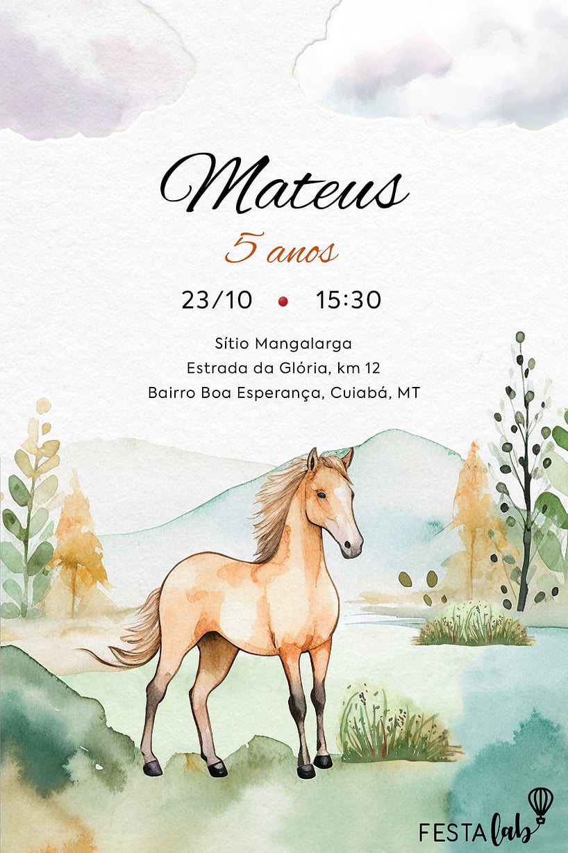 Modelo de Convite de Aniversario - Cavalo no campo aquarelado Criar convite de aniversário - Cavalo no campo aquarelado| FestaLab
