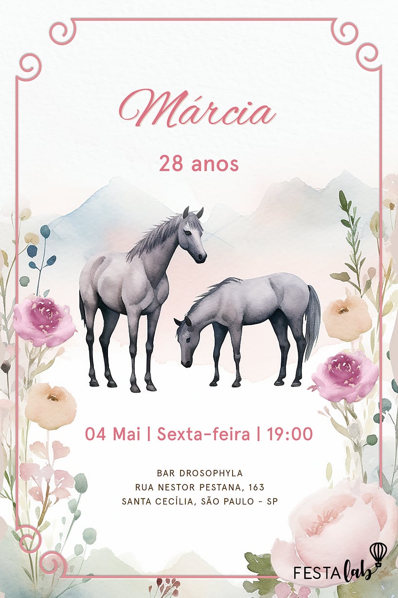 Modelo de Convite de Aniversario - Cavalos no bosque encantado Criar convite de aniversário - Cavalos no bosque encantado| FestaLab