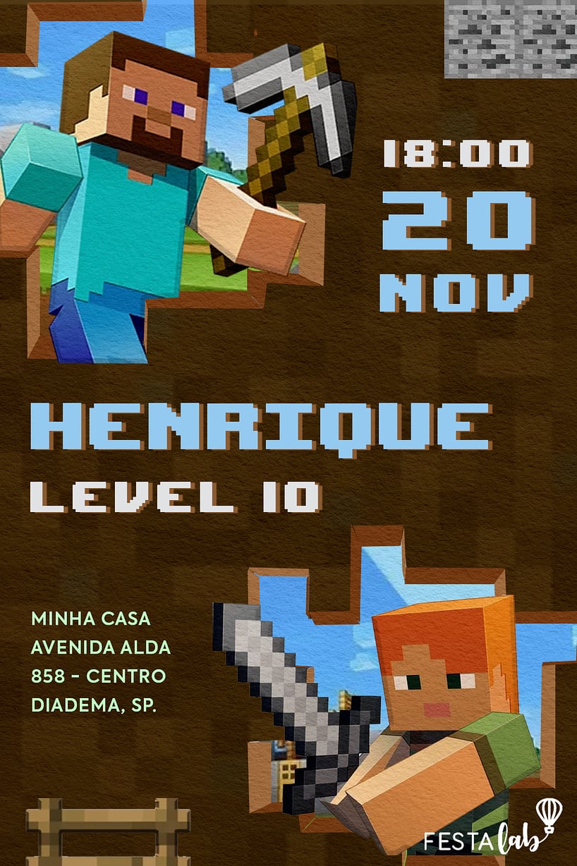 Modelo de Convite de Aniversario - Caverna Minecraft Criar convite de aniversário - Caverna Minecraft| FestaLab