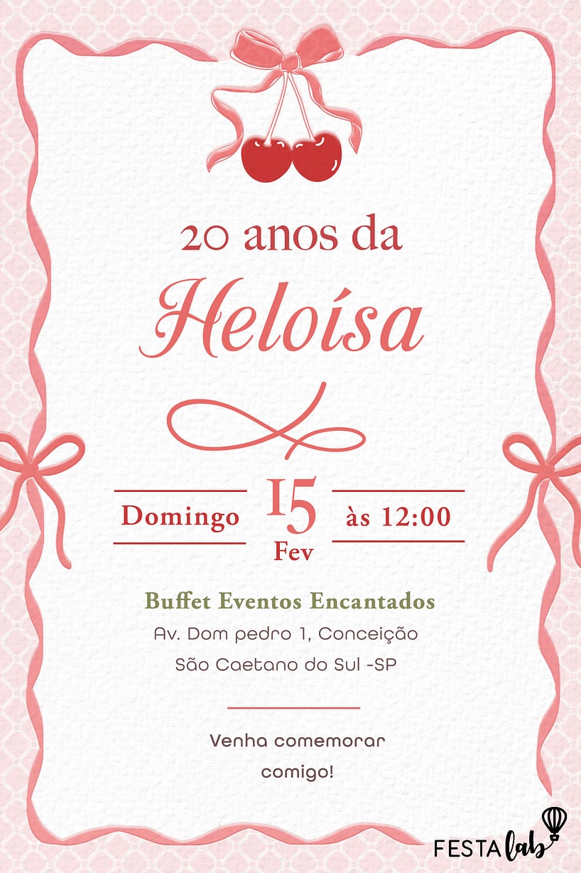 Modelo de Convite de Aniversario - Cereja com laco Criar convite de aniversário - Cereja com laço| FestaLab