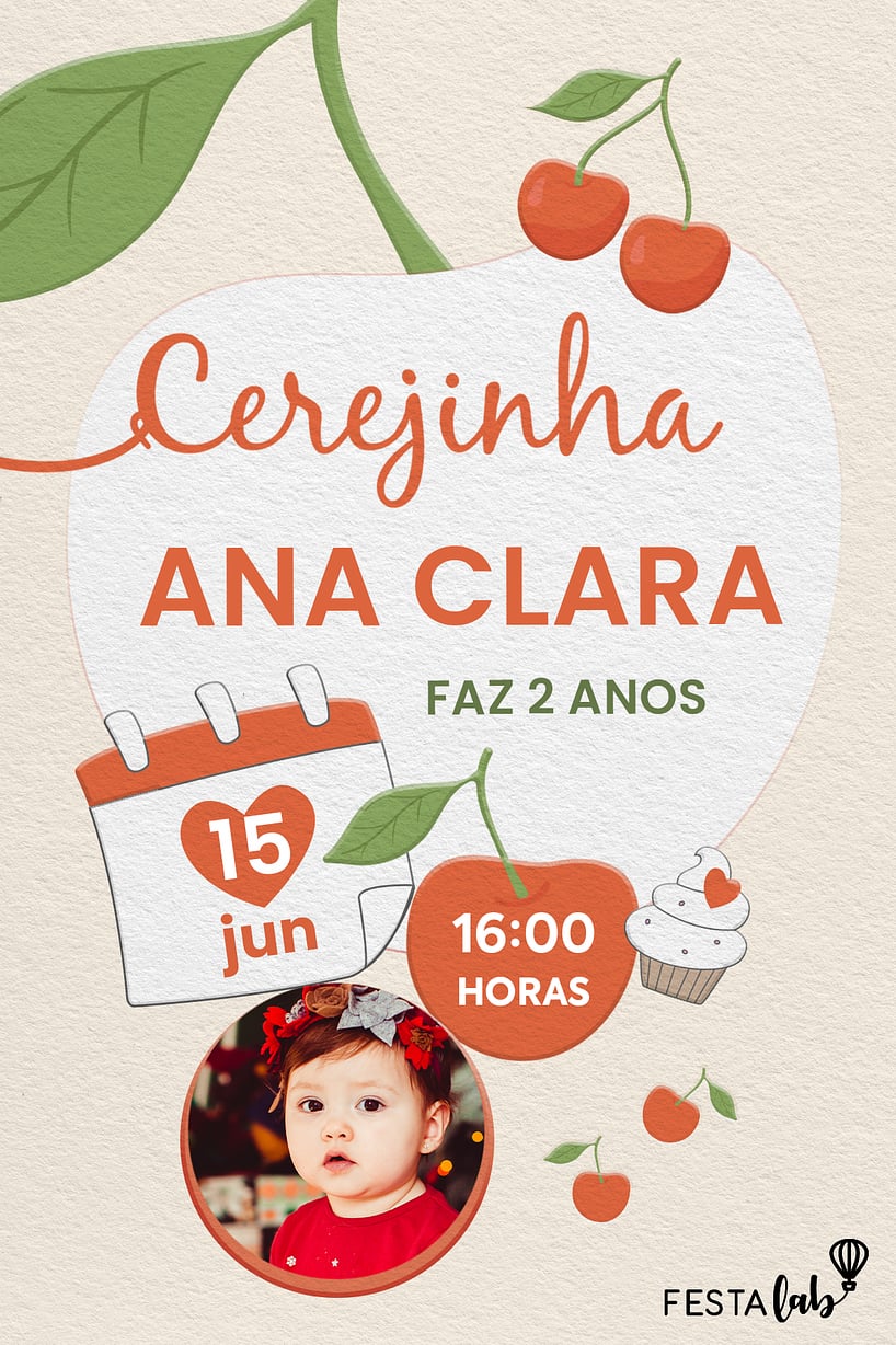 Modelo de Convite de Aniversario - Cerejinha Criar convite de aniversário - Cerejinha| FestaLab
