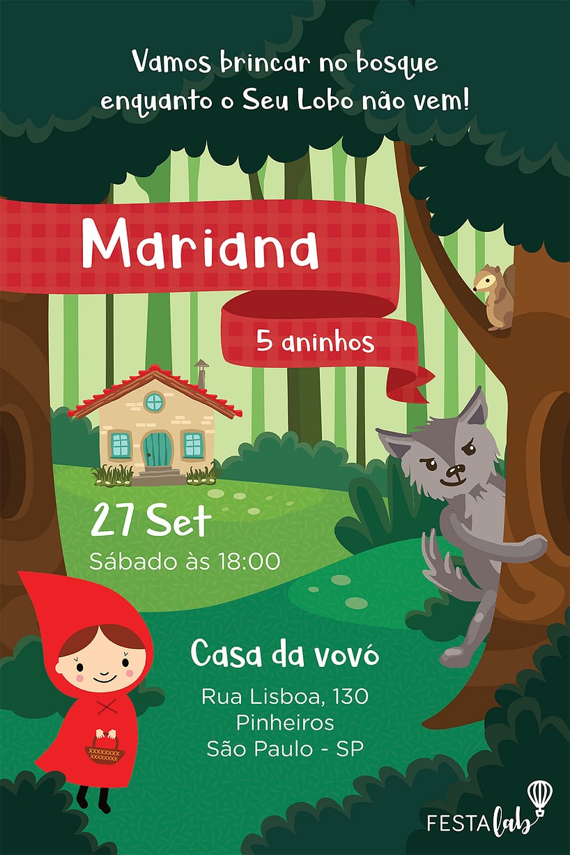Modelo de Convite de Aniversario - Chapeuzinho Vermelho Criar convite de aniversário - Chapeuzinho Vermelho| FestaLab