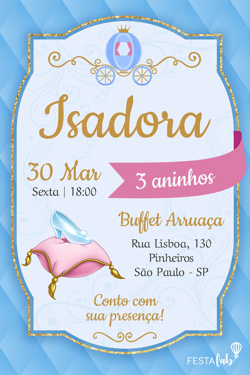Modelo de Convite de Aniversario - Cinderela Criar convite de aniversário - Cinderela| FestaLab