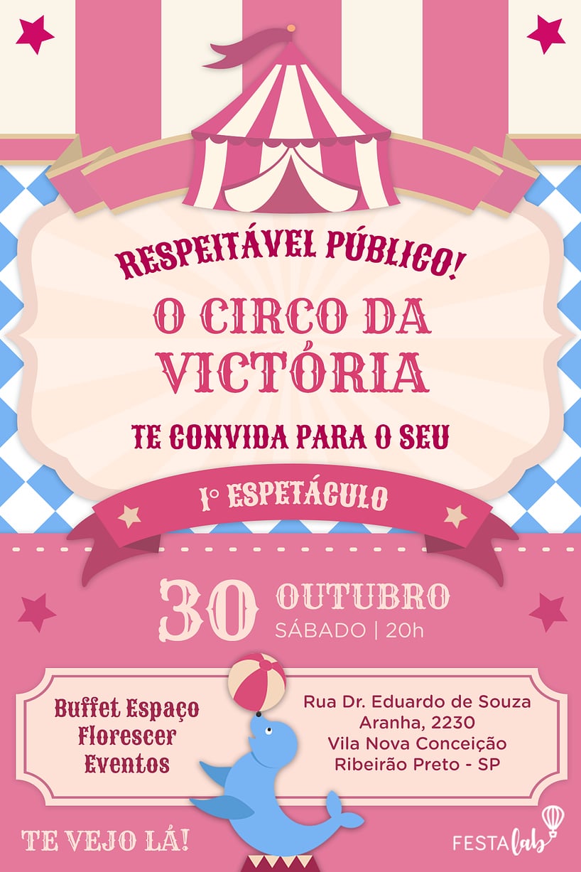 Modelo de Convite de Aniversario - Uma Festa no Circo: Rosa Criar convite de aniversário - Uma Festa no Circo: Rosa| FestaLab