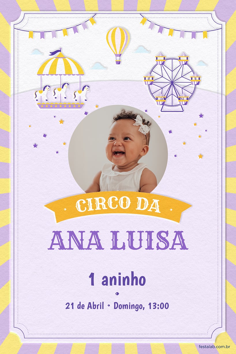 Modelo de Convite de Aniversario - Circo Lilas Criar convite de aniversário - Circo Lilás| FestaLab