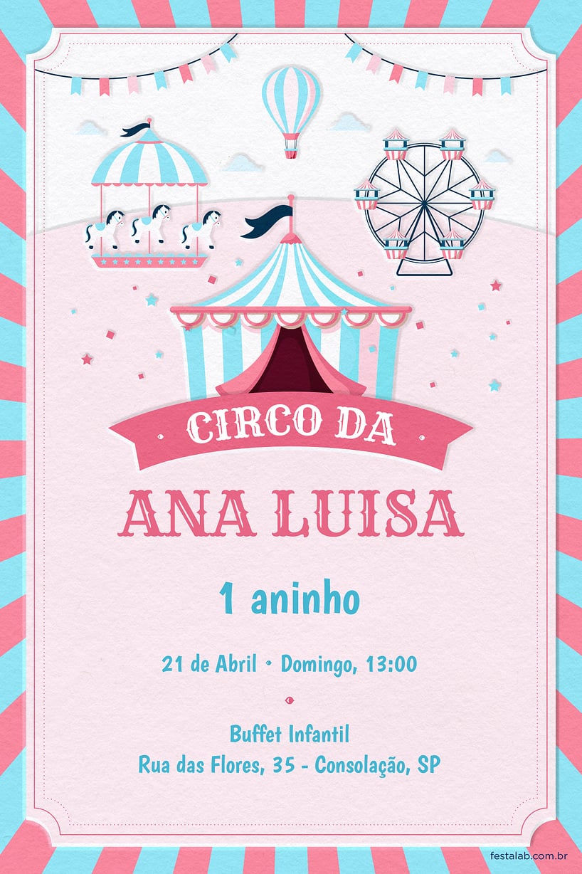 Modelo de Convite de Aniversario - Circo Rosa Criar convite de aniversário - Circo Rosa| FestaLab