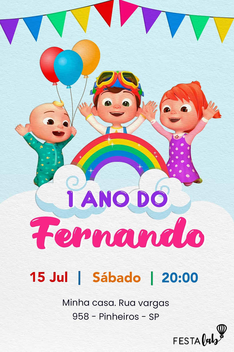 Modelo de Convite de Aniversario - Cocomelon Criar convite de aniversário - Cocomelon| FestaLab