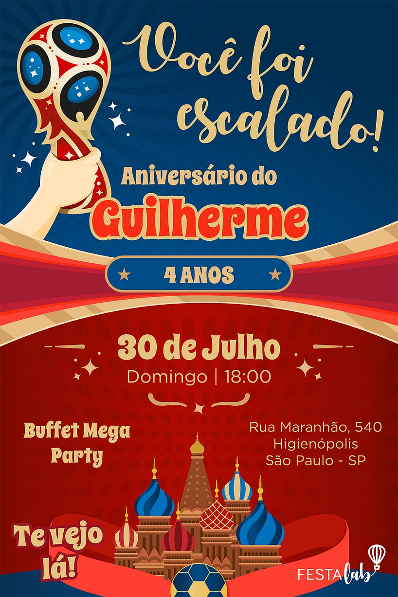 Modelo de Convite de Aniversario - Copa do Mundo - Russia Criar convite de aniversário - Copa do Mundo - Rússia| FestaLab