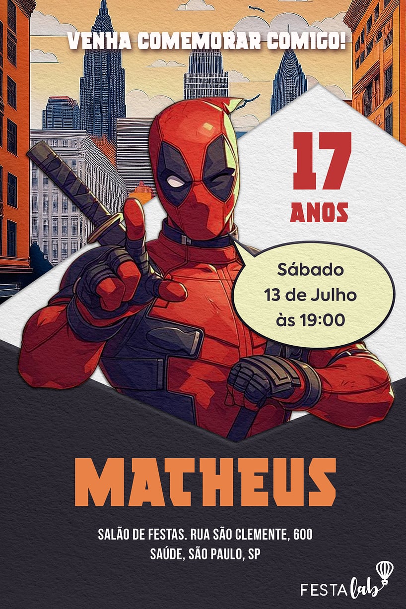 Modelo de Convite de Aniversario - Deadpool em quadrinhos Criar convite de aniversário - Deadpool em quadrinhos| FestaLab