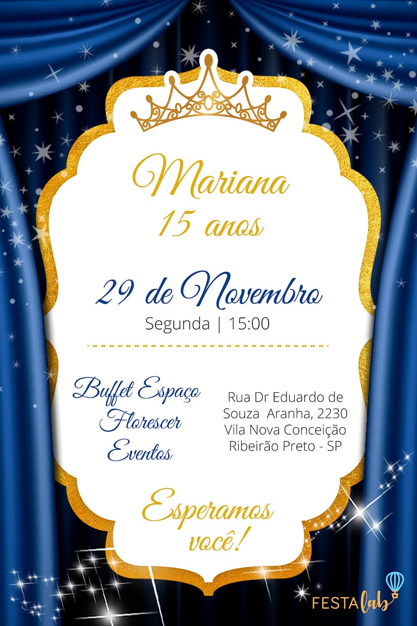 Modelo de Convite de Aniversario - Debutante - Realeza Criar convite de aniversário - Debutante - Realeza| FestaLab