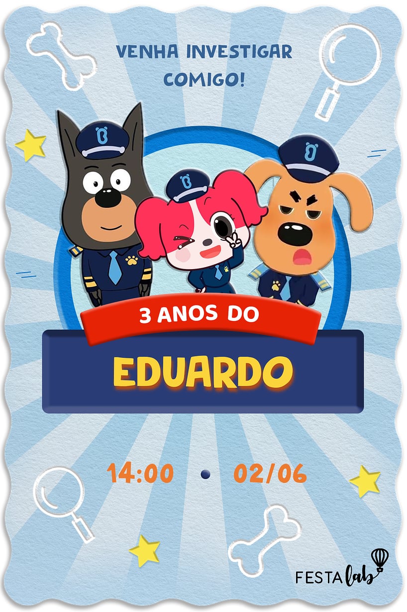 Modelo de Convite de Aniversario - Detetive Labrador Criar convite de aniversário - Detetive Labrador| FestaLab