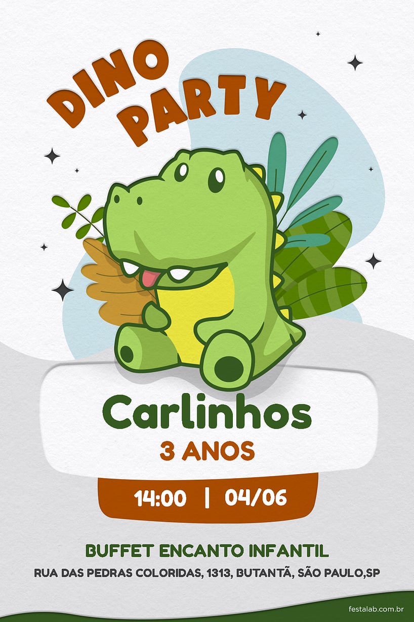 Modelo de Convite de Aniversario - Dino party verde Criar convite de aniversário - Dino party verde| FestaLab