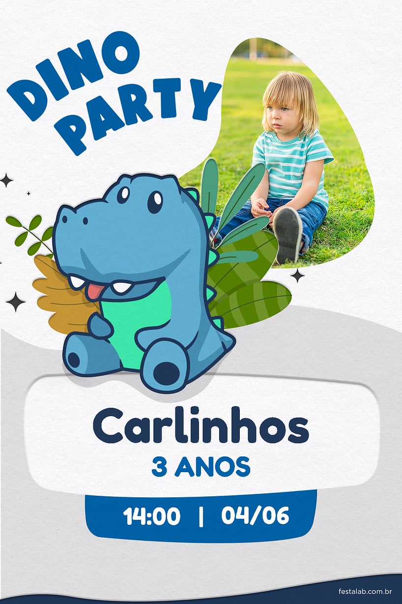 Modelo de Convite de Aniversario - Dino party azul Criar convite de aniversário - Dino party azul| FestaLab