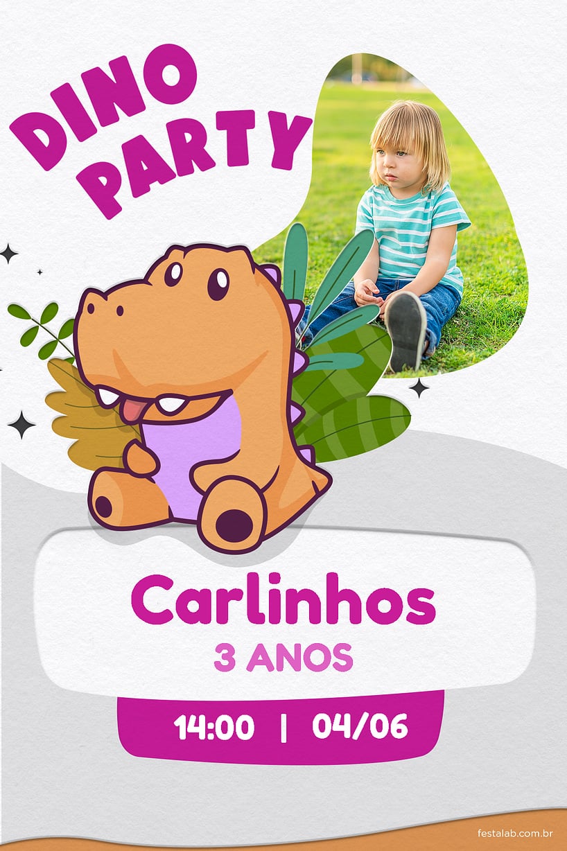 Modelo de Convite de Aniversario - Dino party rosa Criar convite de aniversário - Dino party rosa| FestaLab
