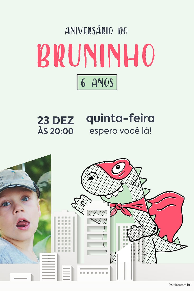 Modelo de Convite de Aniversario - Dino Heroi Criar convite de aniversário - Dino Herói| FestaLab