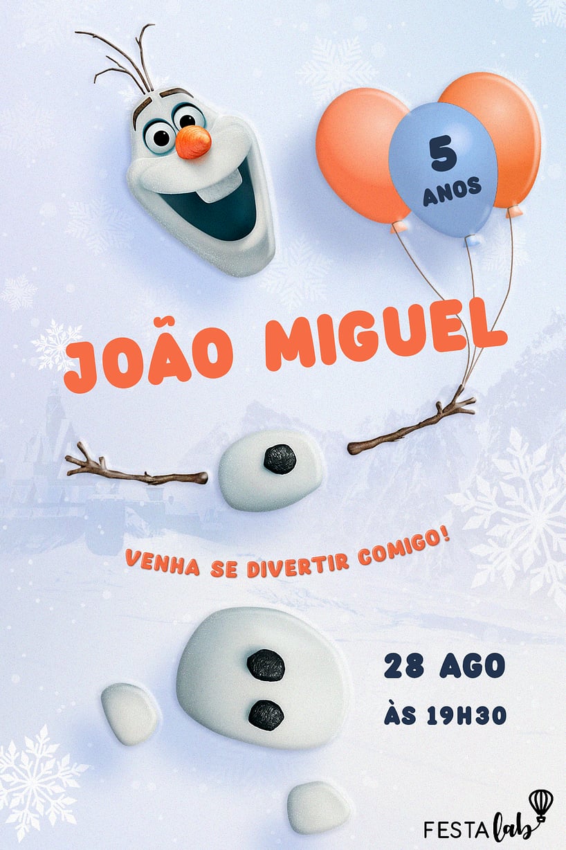 Modelo de Convite de Aniversario - Diversao com Olaf Criar convite de aniversário - Diversão com Olaf| FestaLab