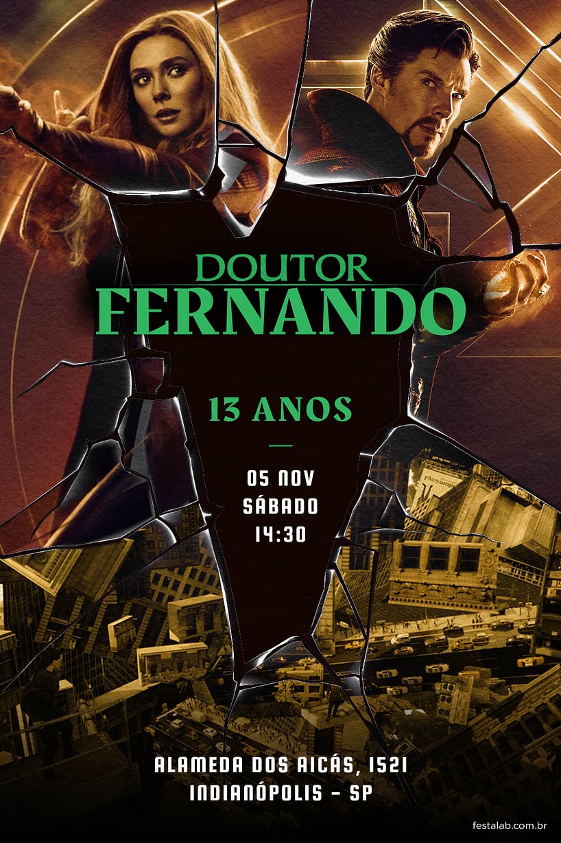Modelo de Convite de Aniversario - Doutor estranho amarelo Criar convite de aniversário - Doutor estranho amarelo| FestaLab