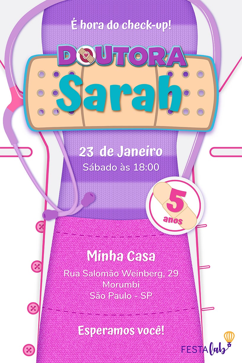 Modelo de Convite de Aniversario - Doutora Brinquedos Criar convite de aniversário - Doutora Brinquedos| FestaLab