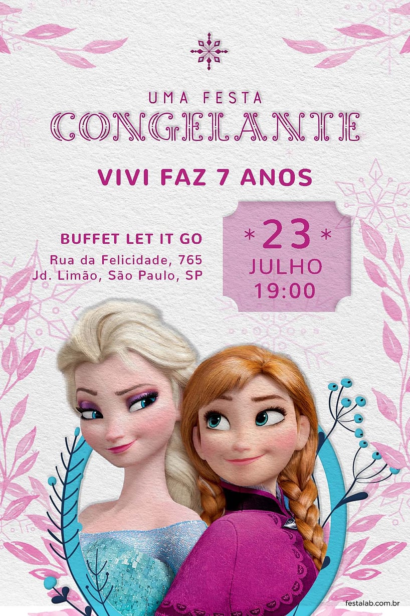 Modelo de Convite de Aniversario - Elsa e Anna rosa Criar convite de aniversário - Elsa e Anna rosa| FestaLab