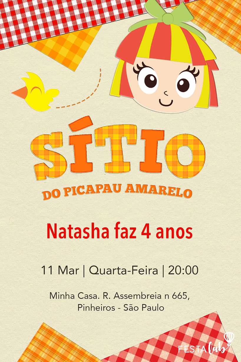 Modelo de Convite de Aniversario - Emilia, Sitio do Picapau Amarelo Criar convite de aniversário - Emilia, Sítio do Picapau Amarelo| FestaLab