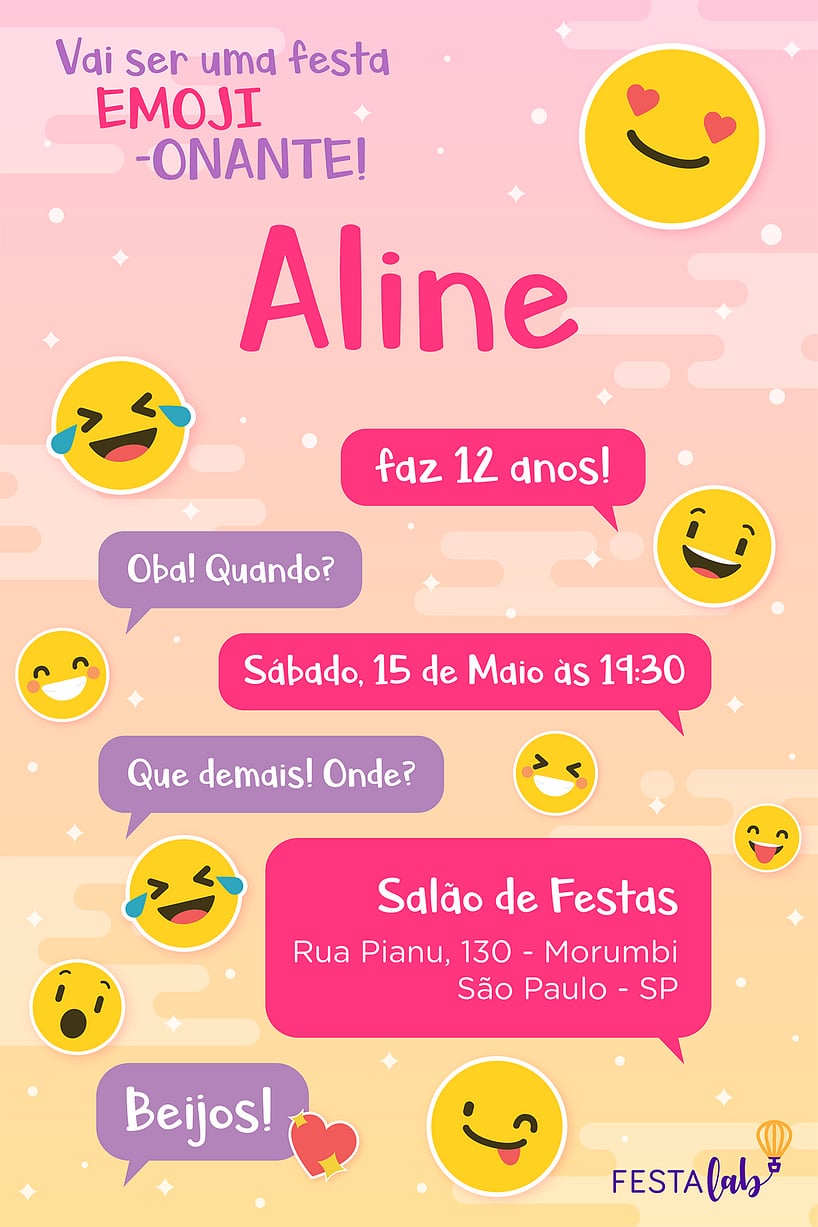 Modelo de Convite de Aniversario - Emoji rosa Criar convite de aniversário - Emoji rosa| FestaLab