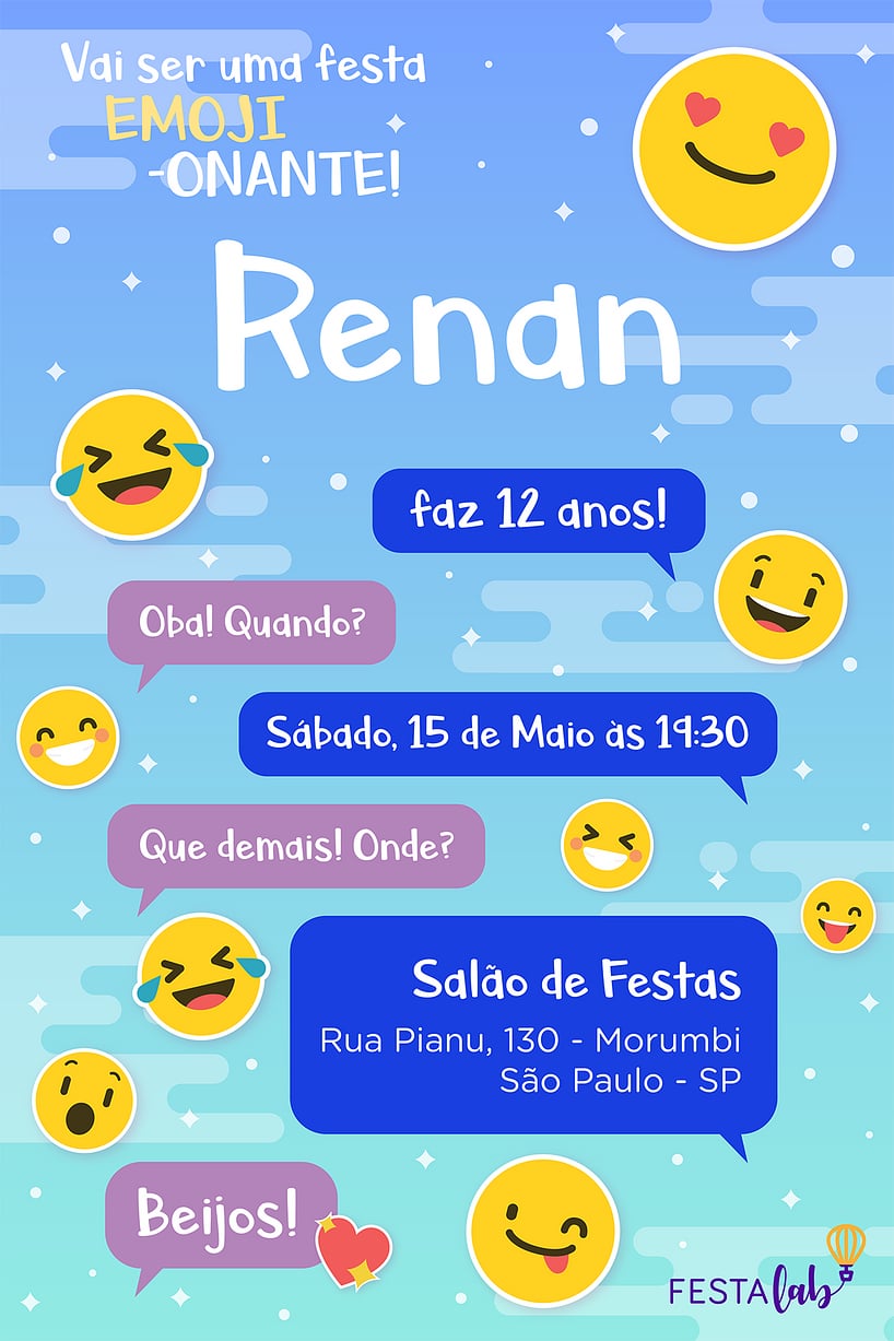 Modelo de Convite de Aniversario - Emoji azul Criar convite de aniversário - Emoji azul| FestaLab