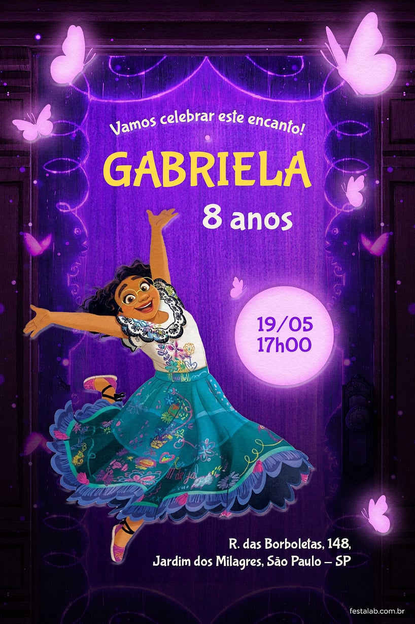 Modelo de Convite de Aniversario - Encanto da Mirabel roxo Criar convite de aniversário - Encanto da Mirabel roxo| FestaLab