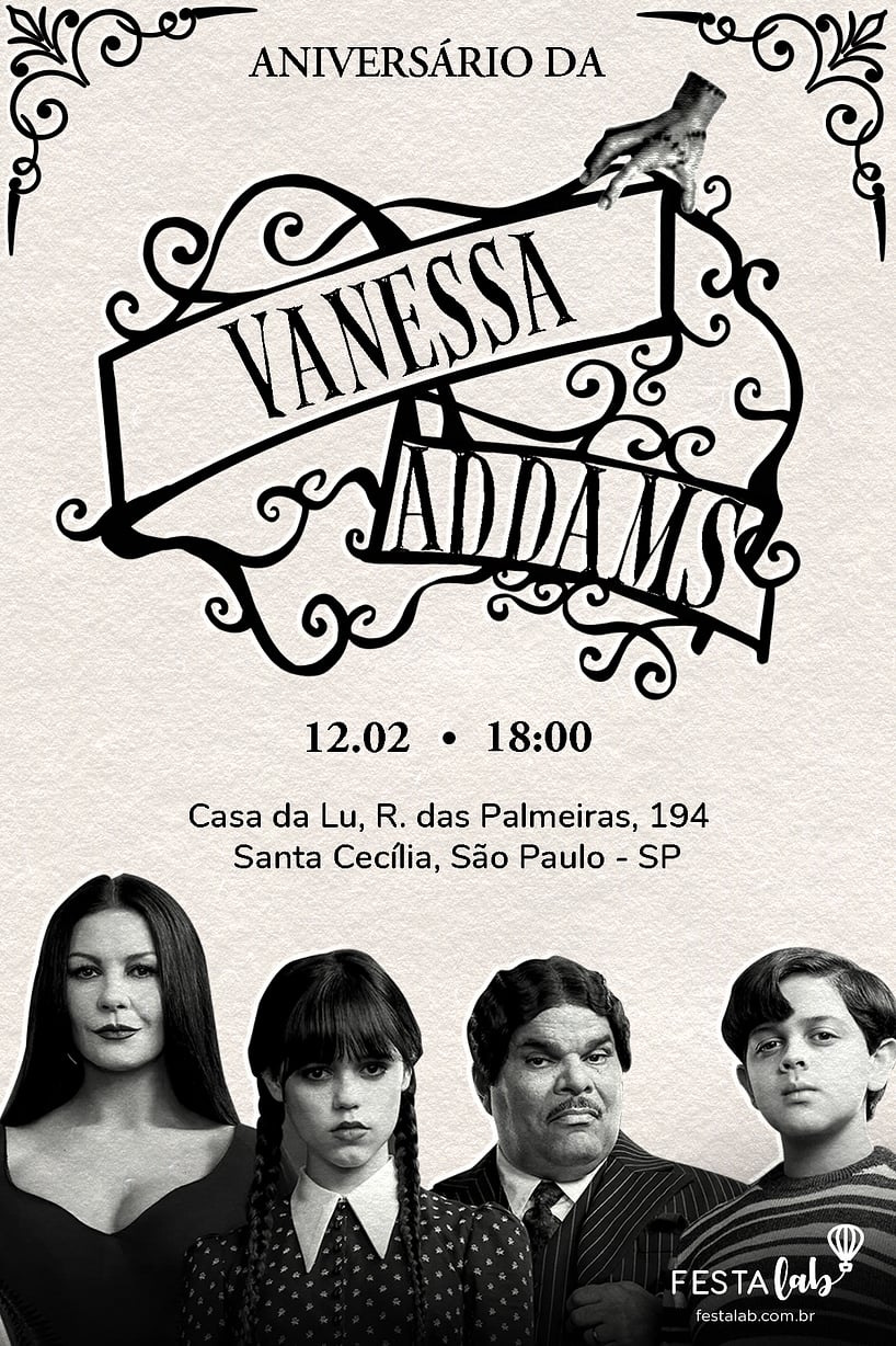 Modelo de Convite de Aniversario - Familia Addams Criar convite de aniversário - Familia Addams| FestaLab