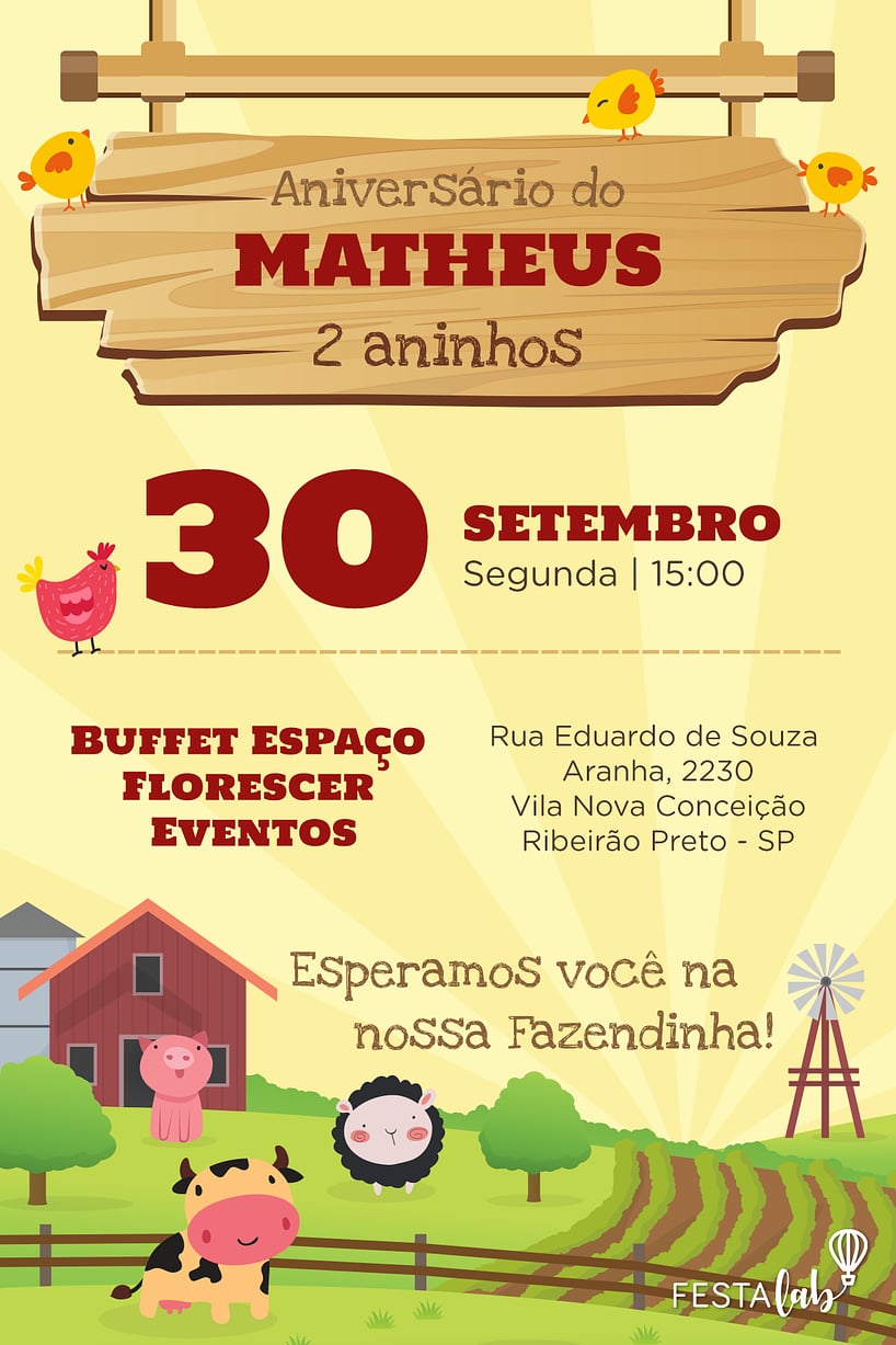 Modelo de Convite de Aniversario - Fazendinha Criar convite de aniversário - Fazendinha| FestaLab