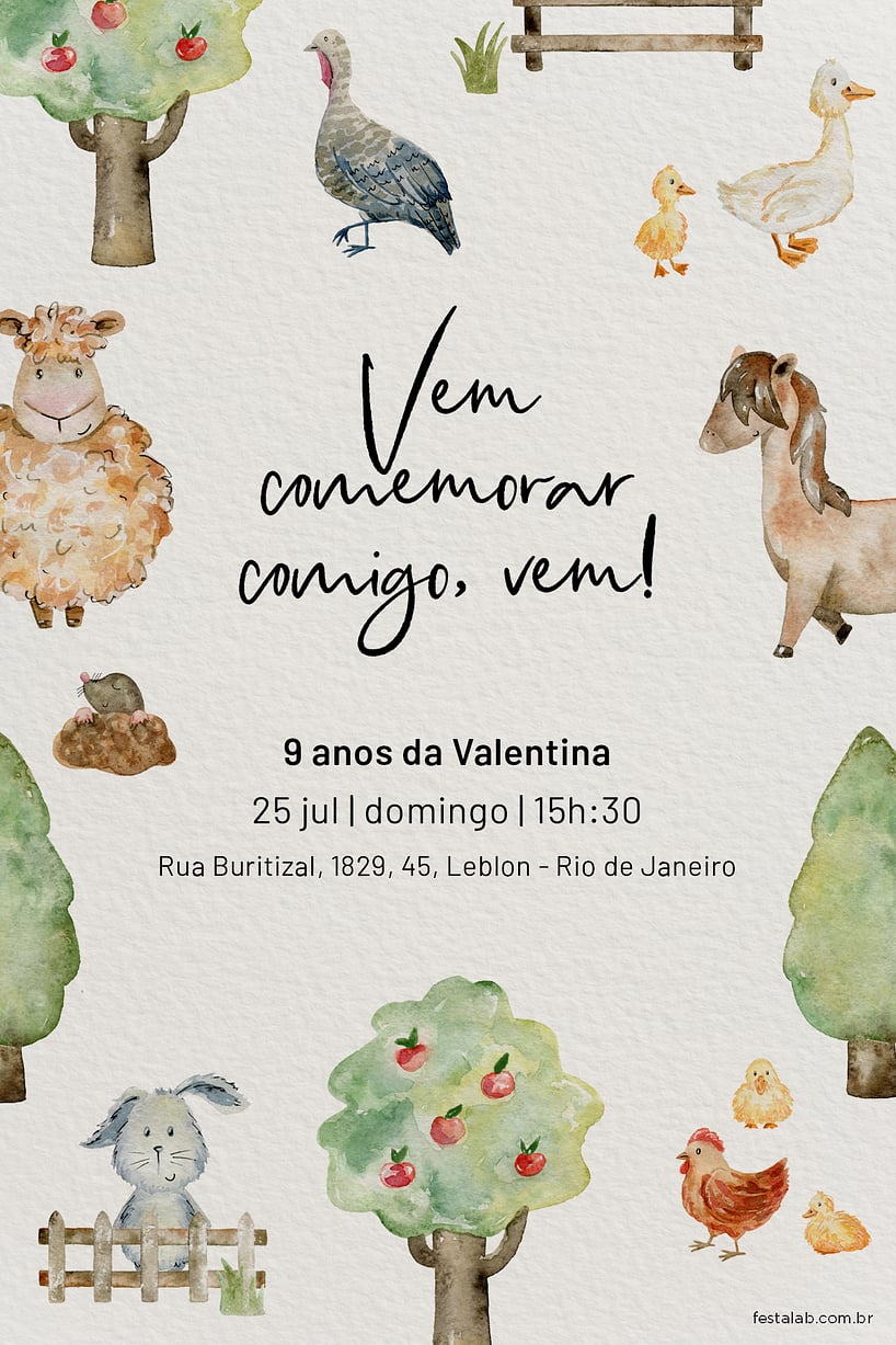 Modelo de Convite de Aniversario - Fazendinha com Animais Criar convite de aniversário - Fazendinha com Animais| FestaLab