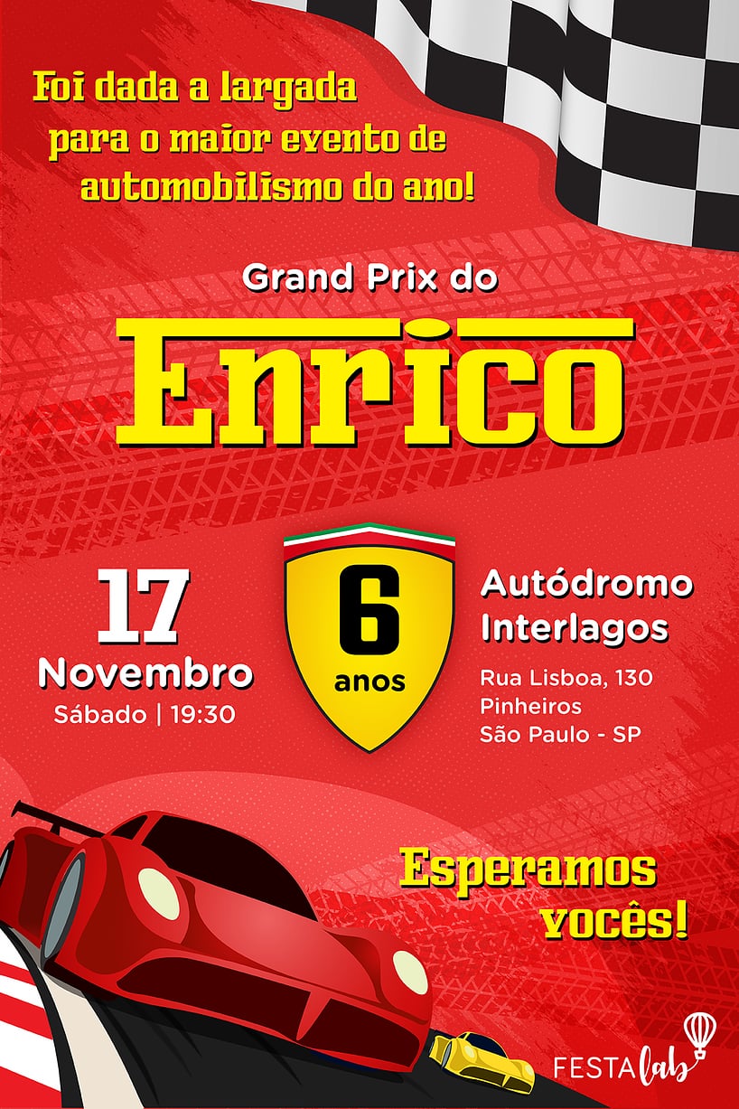Modelo de Convite de Aniversario - Ferrari Criar convite de aniversário - Ferrari| FestaLab