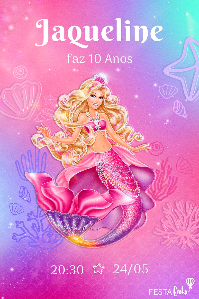 Modelo de Convite de Aniversario - Festa Barbie Sereia Criar convite de aniversário - Festa Barbie Sereia| FestaLab
