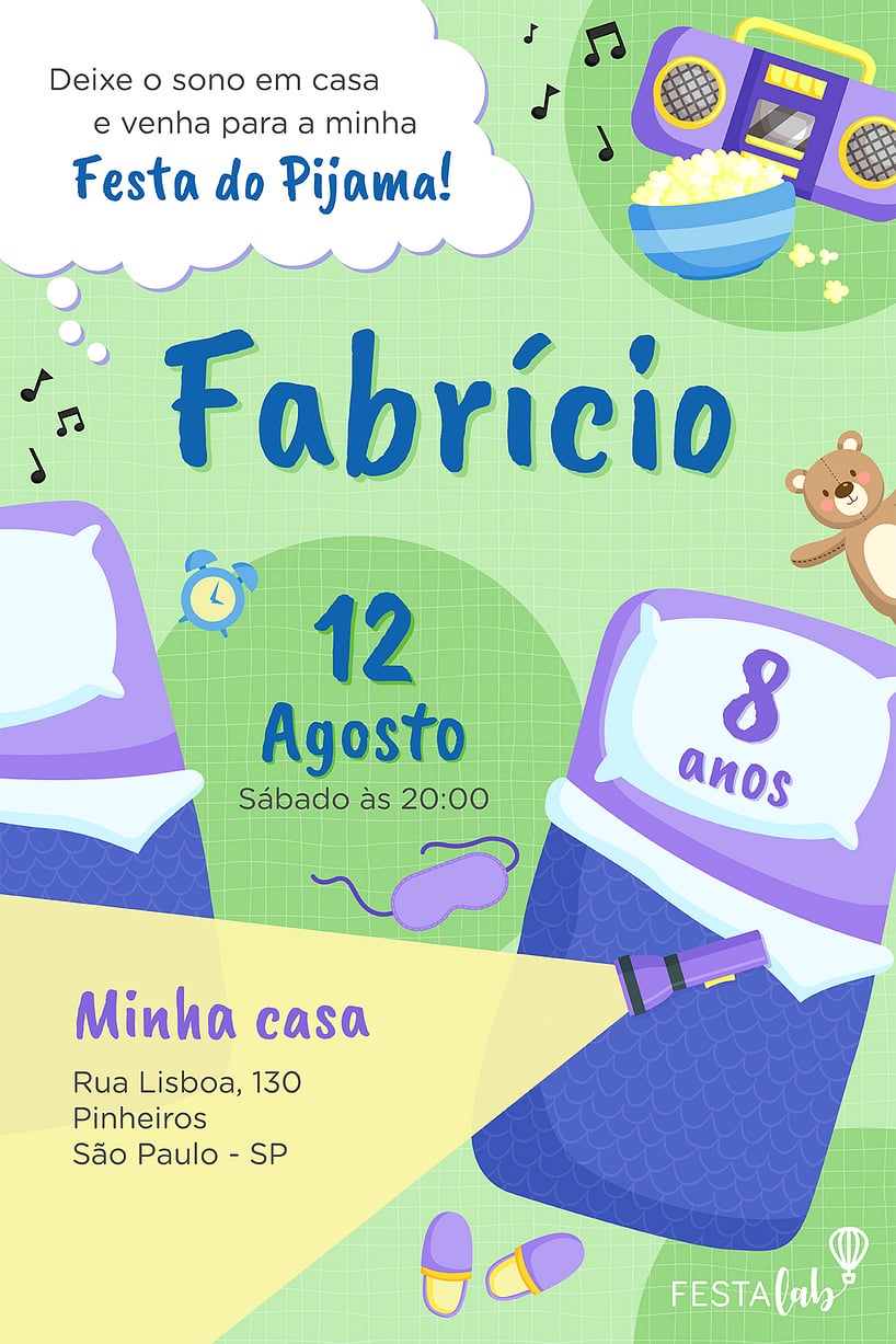 Modelo de Convite de Aniversario - Festa do Pijama verde Criar convite de aniversário - Festa do Pijama verde| FestaLab