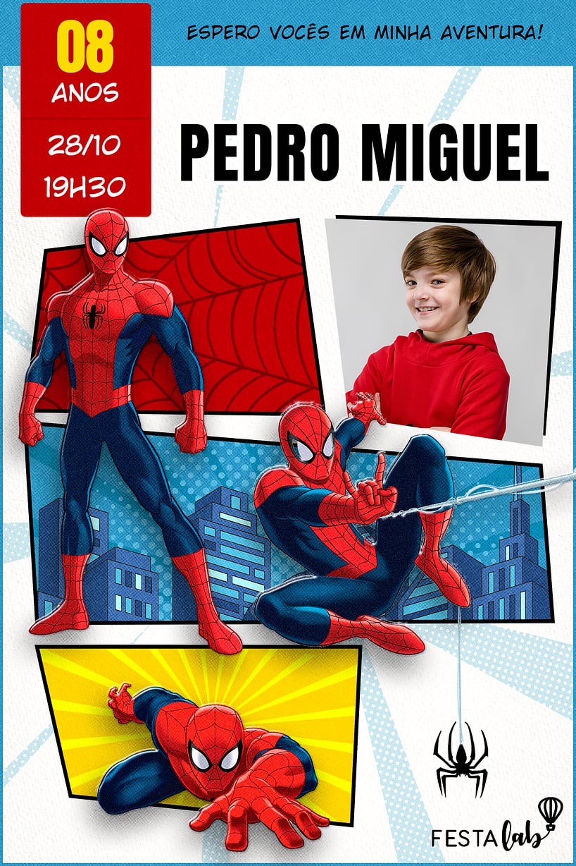 Modelo de Convite de Aniversario - Homem Aranha HQ Criar convite de aniversário - Homem Aranha HQ| FestaLab