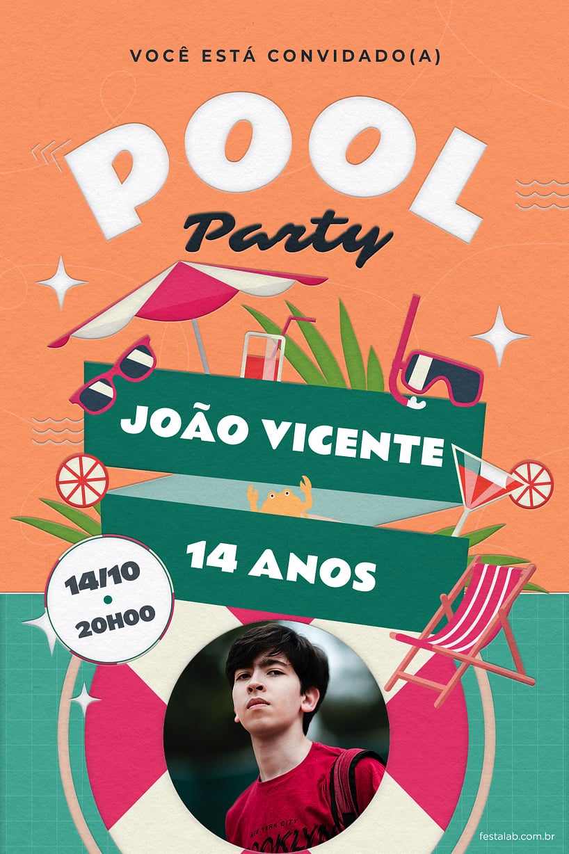 Modelo de Convite de Aniversario - Festa na piscina laranja Criar convite de aniversário - Festa na piscina laranja| FestaLab