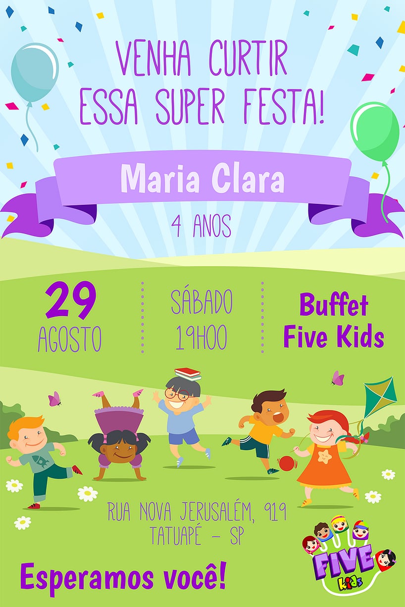 Modelo de Convite de Aniversario - Five Kids - Menina Criar convite de aniversário - Five Kids - Menina| FestaLab