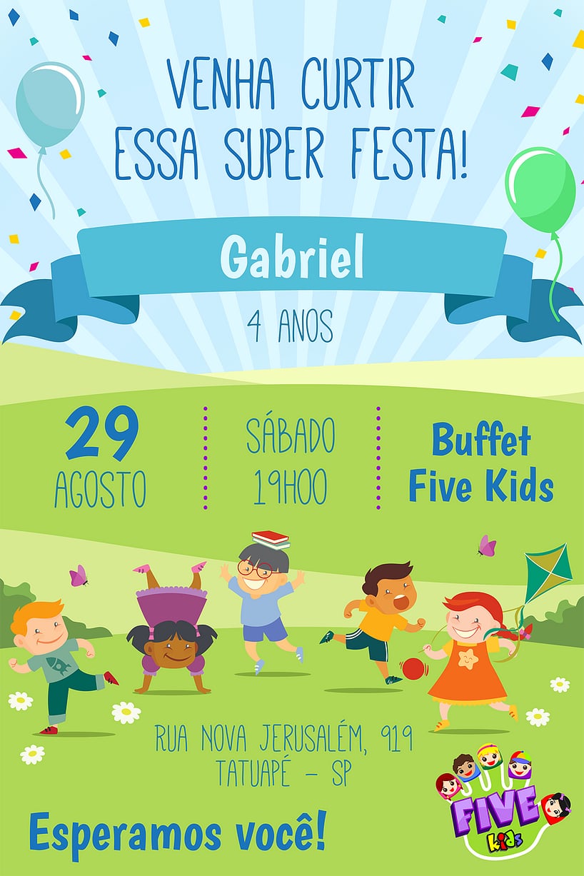 Modelo de Convite de Aniversario - Five Kids - Menino Criar convite de aniversário - Five Kids - Menino| FestaLab