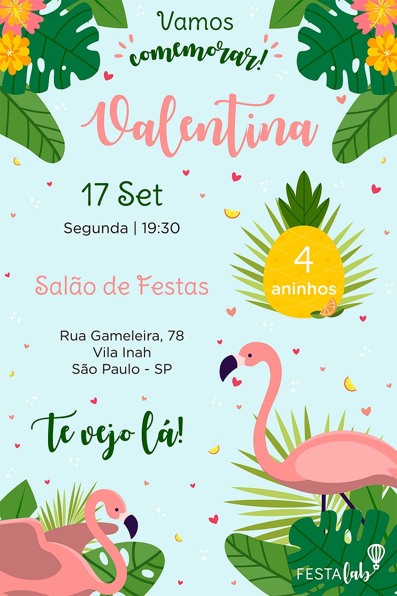 Modelo de Convite de Aniversario - Flamingo Criar convite de aniversário - Flamingo| FestaLab