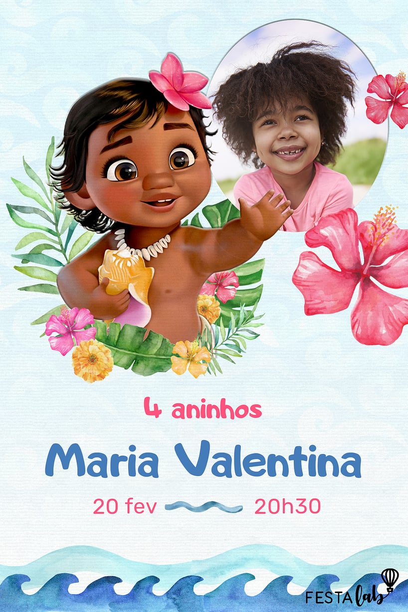 Modelo de Convite de Aniversario - Flores da Moana Baby Criar convite de aniversário - Flores da Moana Baby| FestaLab