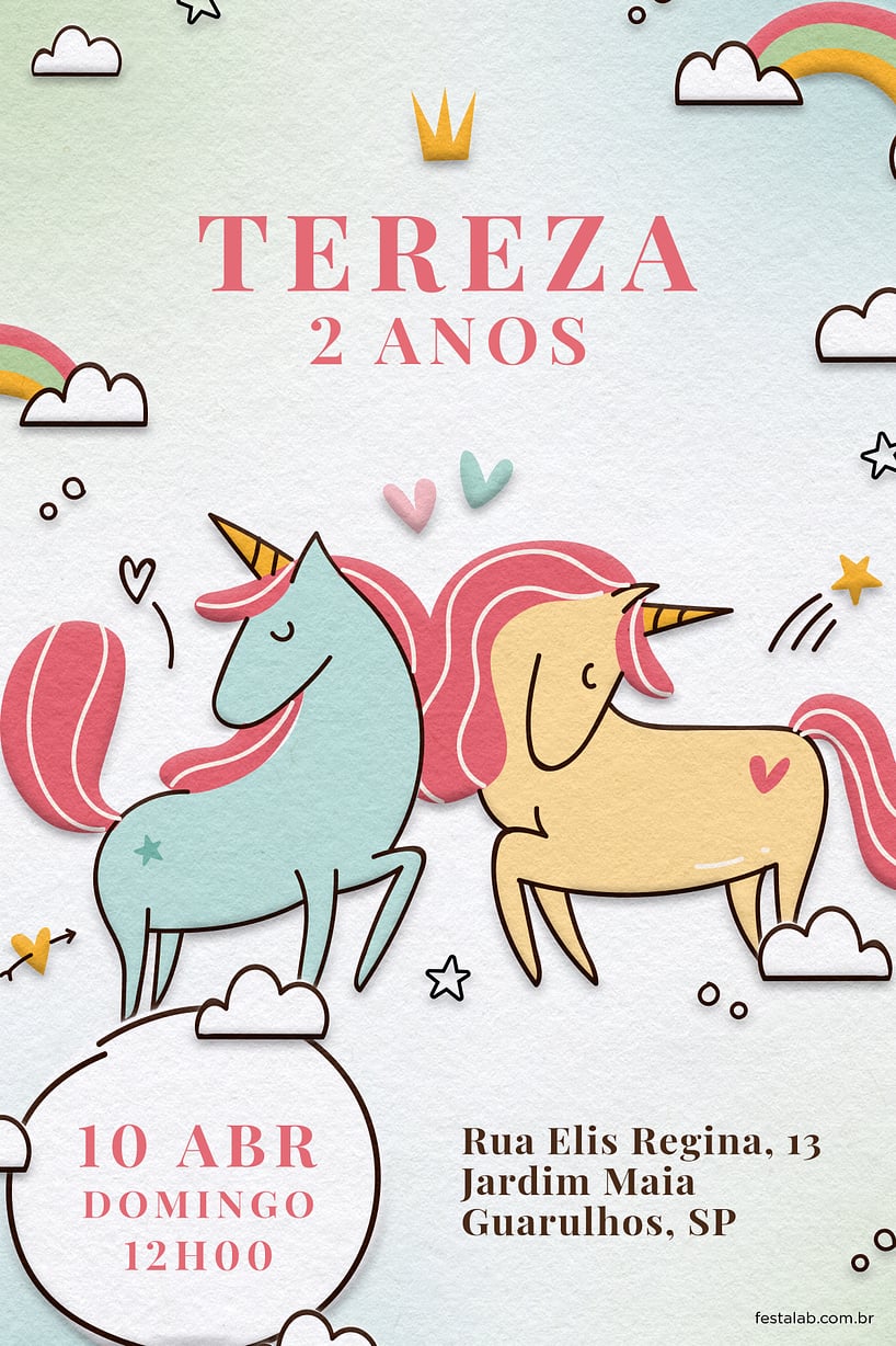 Modelo de Convite de Aniversario - Unicornio Rosa Criar convite de aniversário - Unicornio Rosa| FestaLab