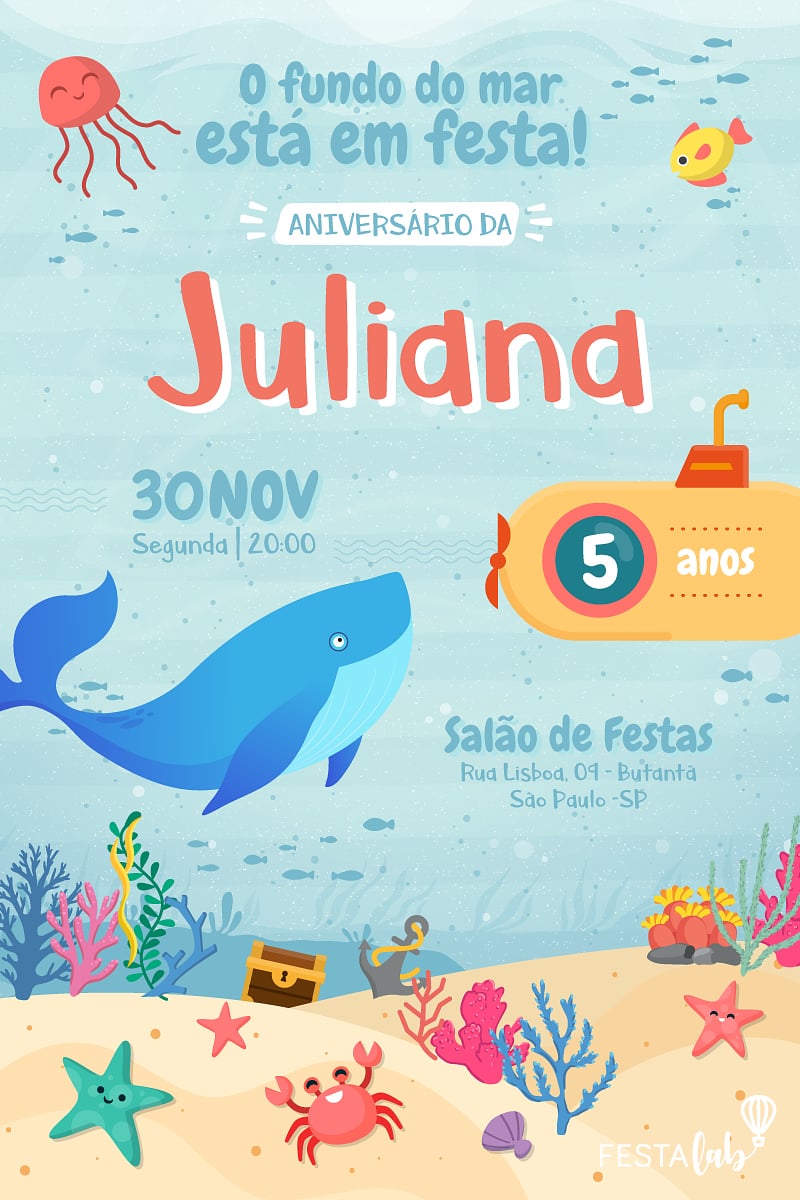 Modelo de Convite de Aniversario - Fundo do Mar Criar convite de aniversário - Fundo do Mar| FestaLab