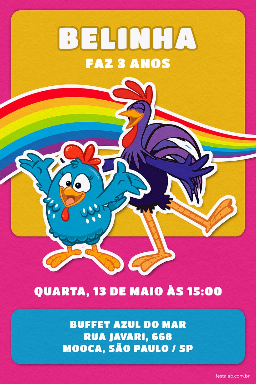 Modelo de Convite de Aniversario - Arco iris da Galinha Criar convite de aniversário - Arco íris da Galinha| FestaLab