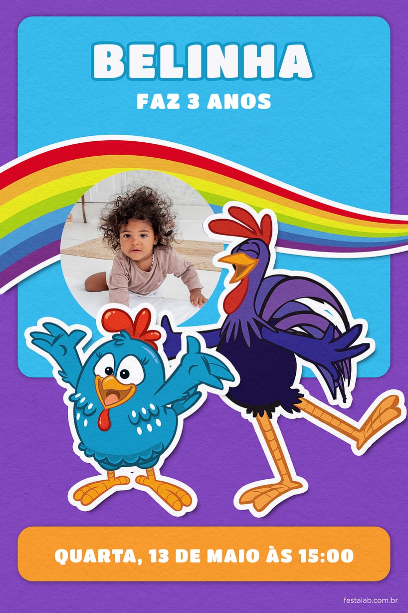 Modelo de Convite de Aniversario - Arco iris da Galinha: Azul Criar convite de aniversário - Arco íris da Galinha: Azul| FestaLab