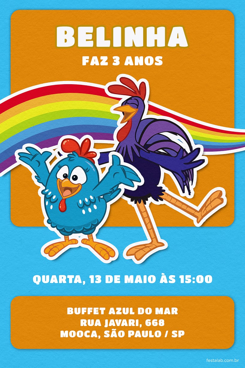 Modelo de Convite de Aniversario - Arco iris da Galinha: Laranja Criar convite de aniversário - Arco íris da Galinha: Laranja| FestaLab