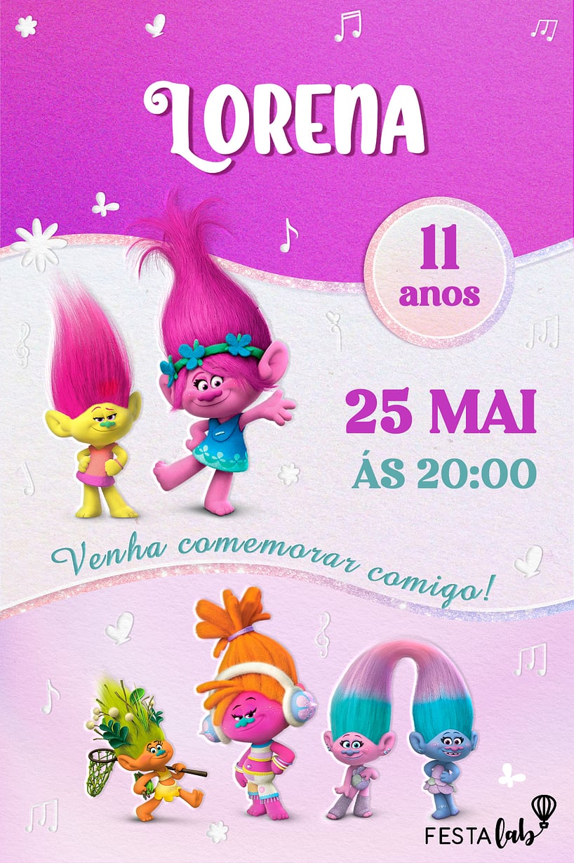 Modelo de Convite de Aniversario - Girls Trolls Party Criar convite de aniversário - Girls Trolls Party| FestaLab