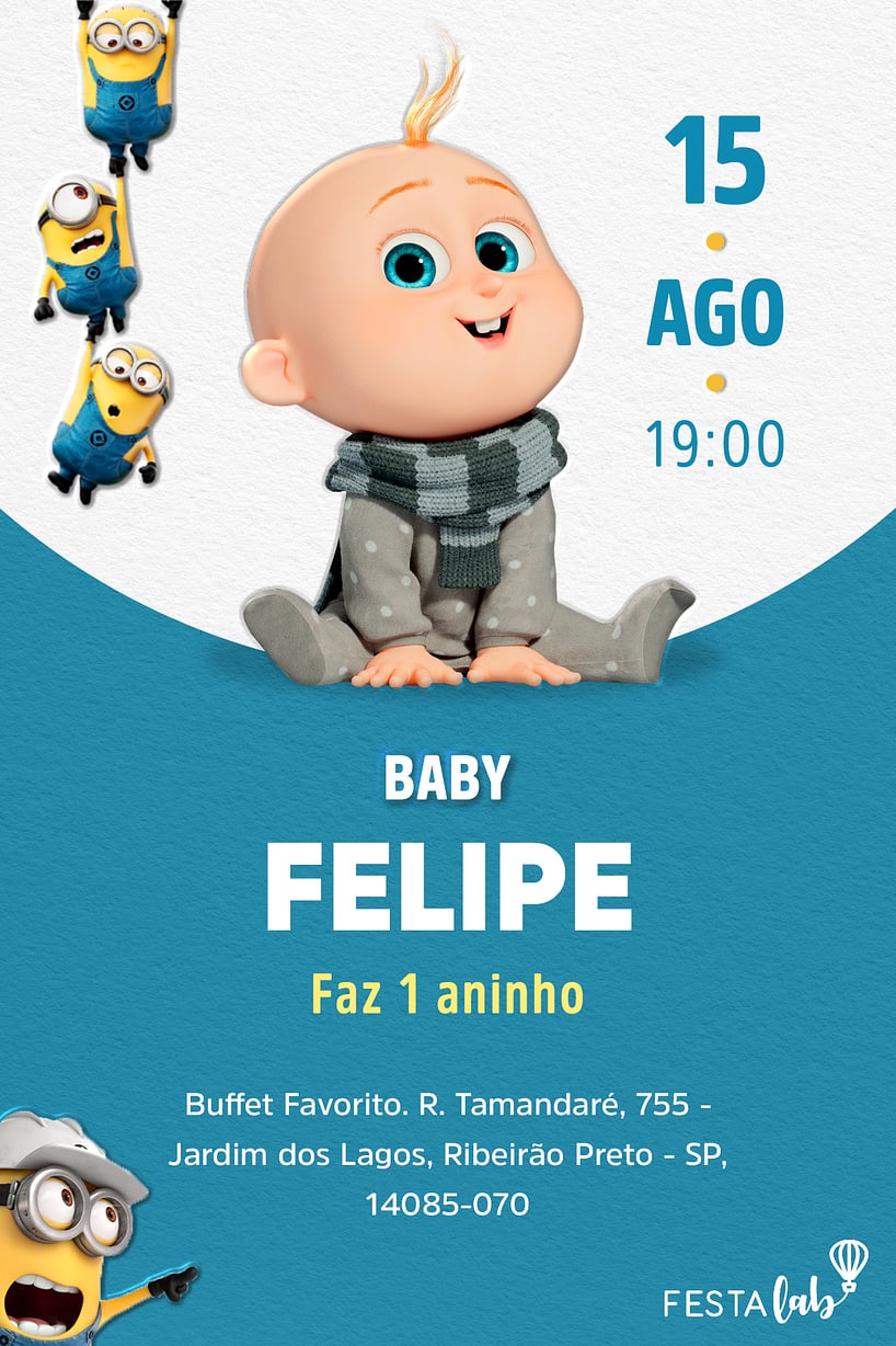 Modelo de Convite de Aniversario - Gru Jr Criar convite de aniversário - Gru Jr| FestaLab