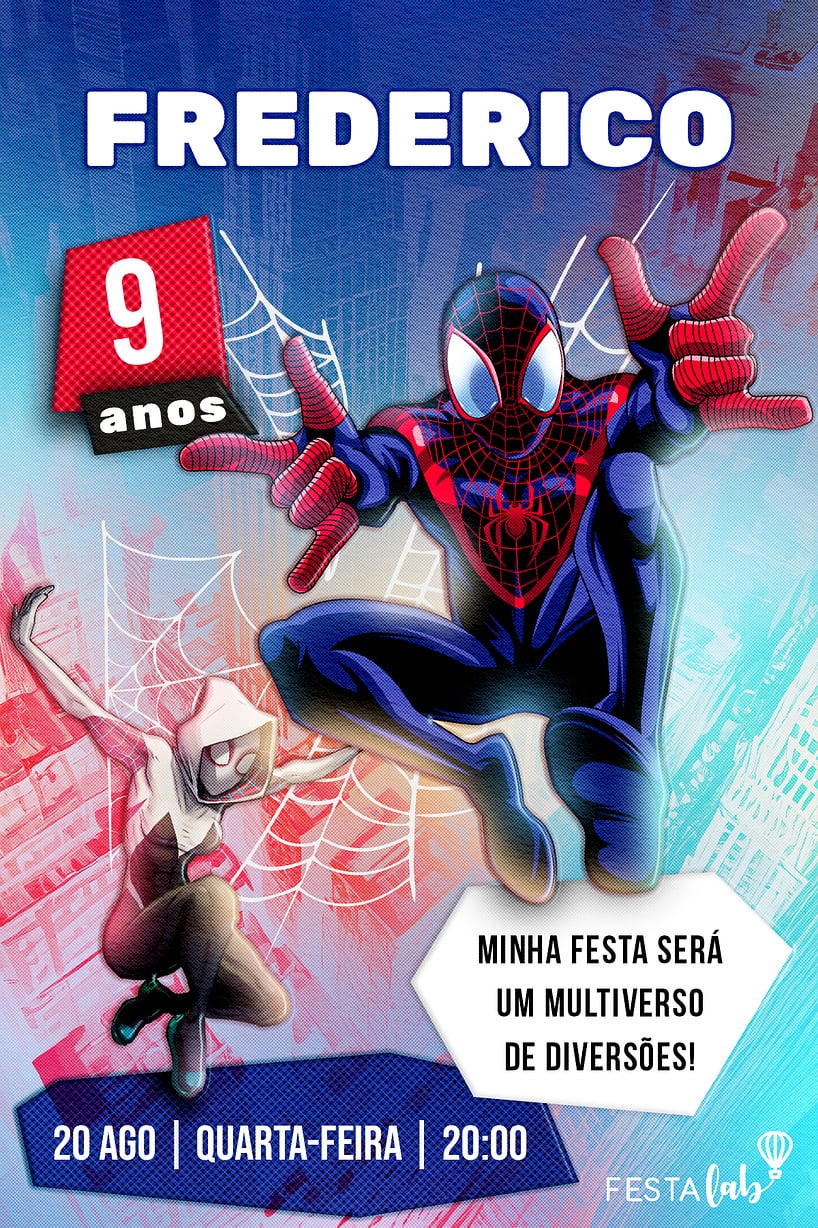 Modelo de Convite de Aniversario - Homem Aranhaverso Criar convite de aniversário - Homem Aranhaverso| FestaLab