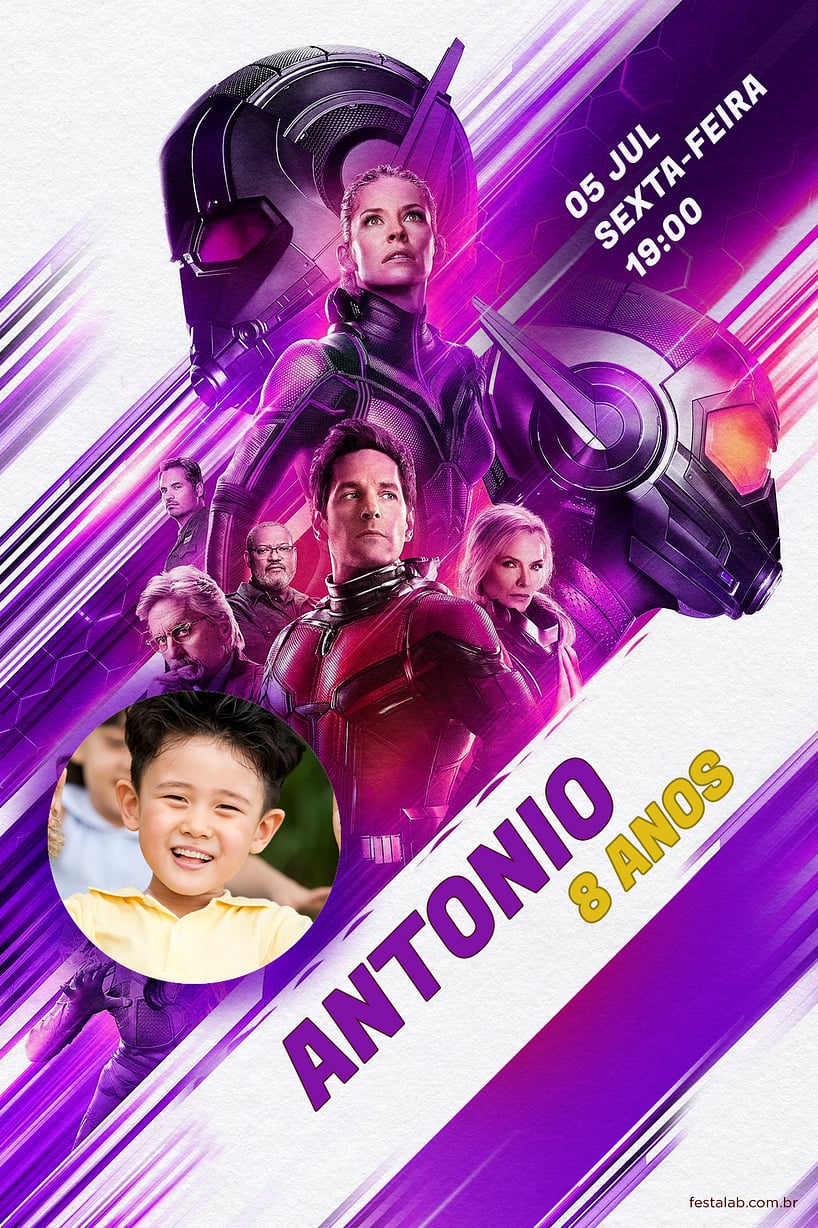 Modelo de Convite de Aniversario - Homem Formiga Roxo Criar convite de aniversário - Homem Formiga Roxo| FestaLab