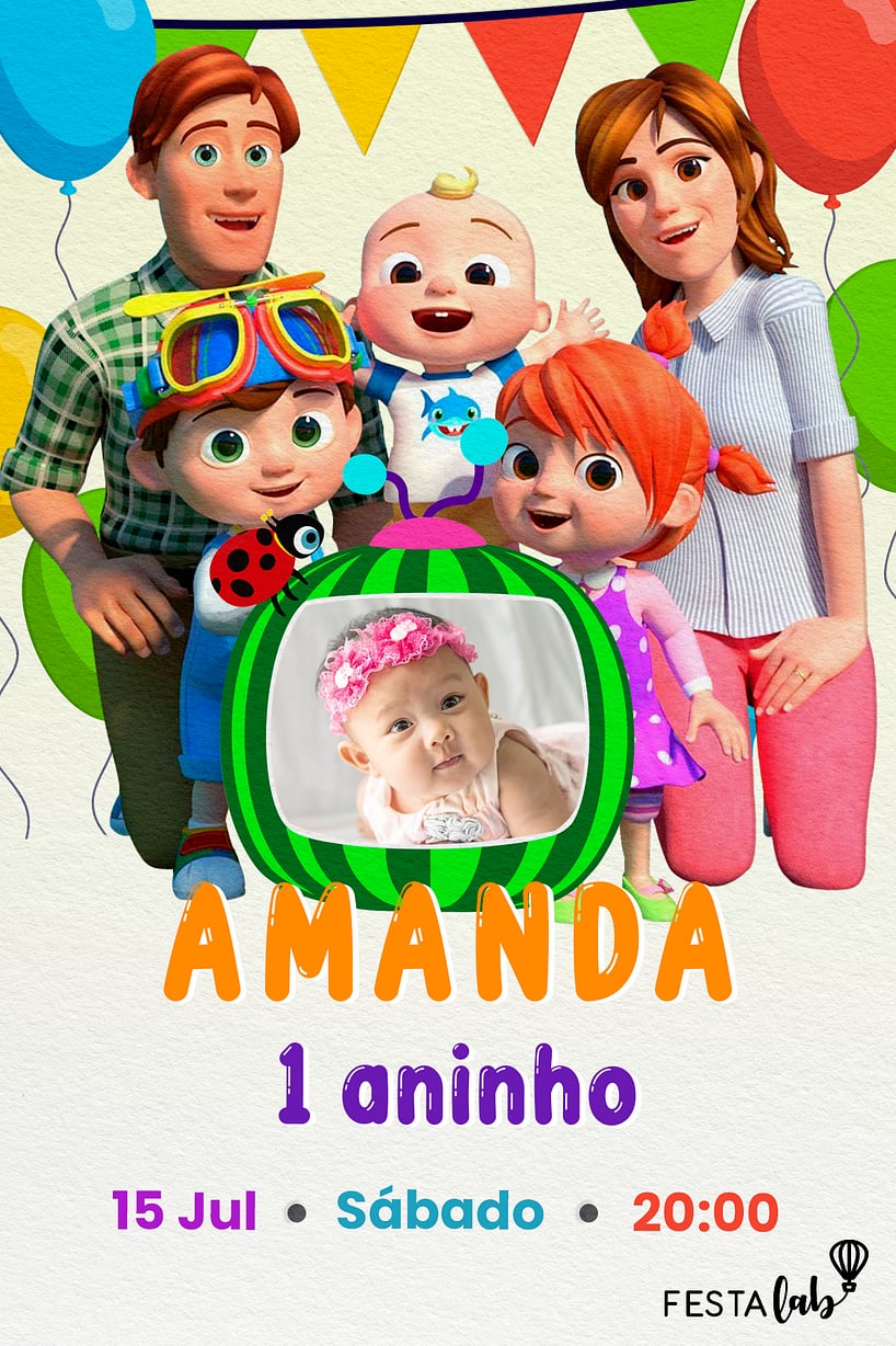 Modelo de Convite de Aniversario - Hora do Cocomelon Criar convite de aniversário - Hora do Cocomelon| FestaLab