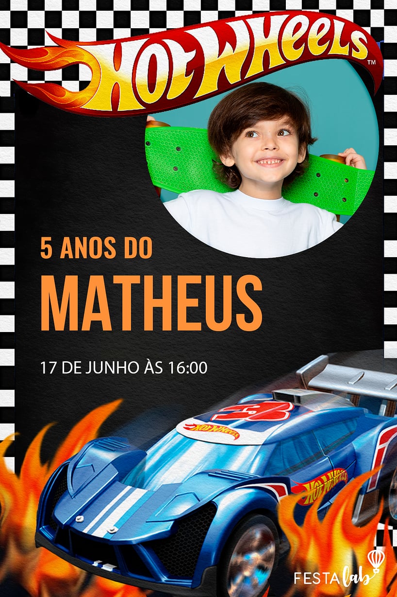 Modelo de Convite de Aniversario - Hotwheels Quadriculado Criar convite de aniversário - Hotwheels Quadriculado| FestaLab